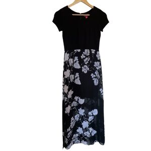 VINCE CAMUTO Black Floral Maxi Dress Short Sleeve Sheer Overlay - Size Petite XS
